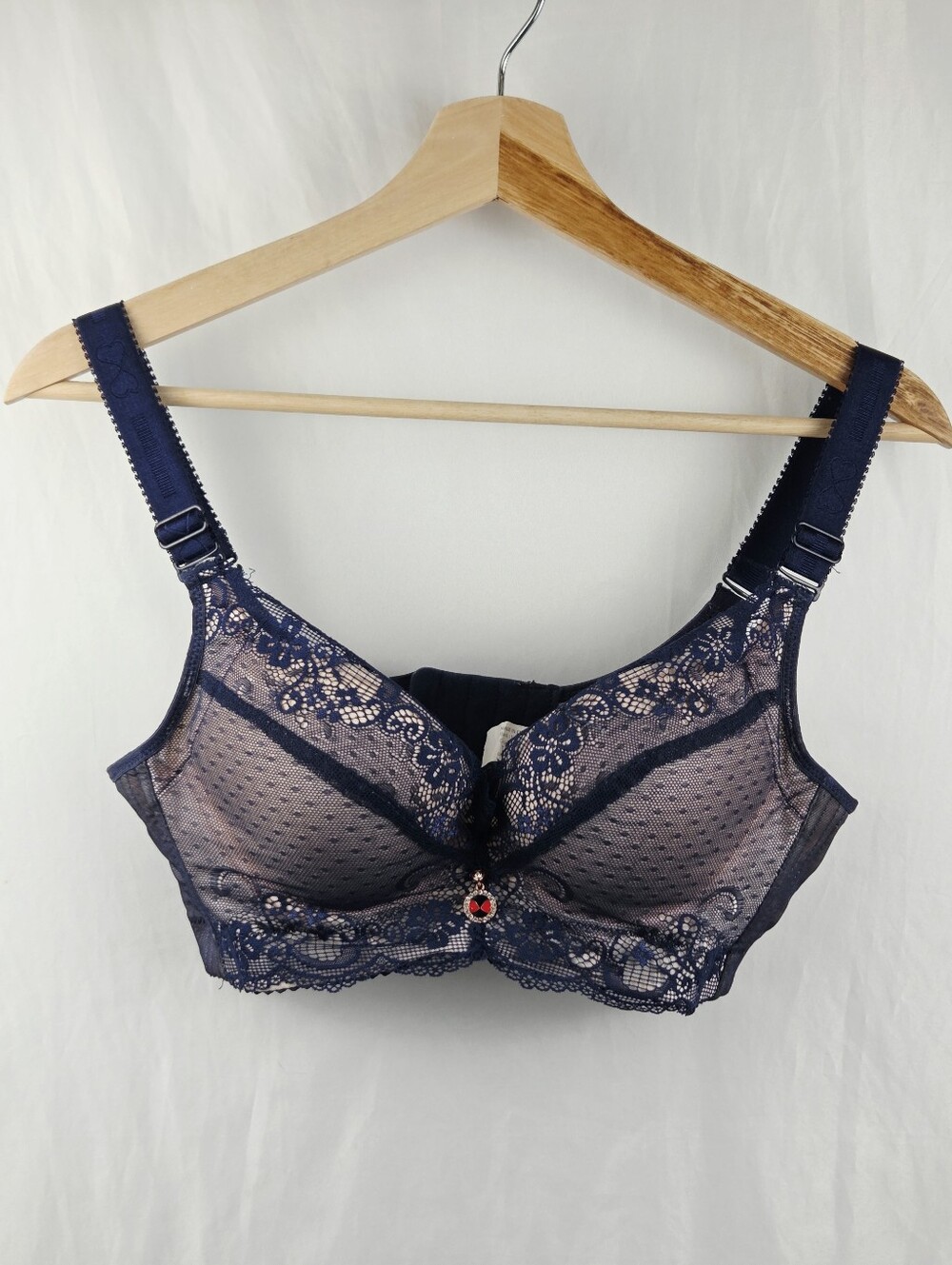 Fall Sweet Lace Overlay Blue & Nude Push Up Support Adjustable Straps Bra 34A